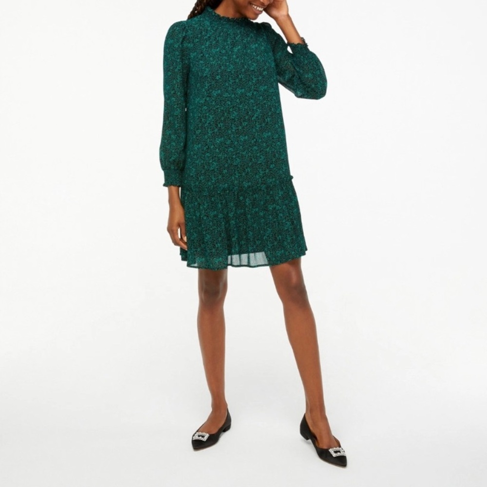 J. Crew Smocked Drop-Waist Dress Cloverleaf Floral. Black Green. XL.